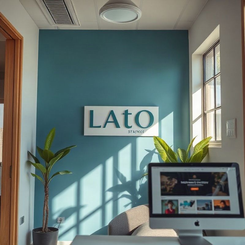 Interior de escritório profissional compacto em Porto Alegre com parede em azul ardósia