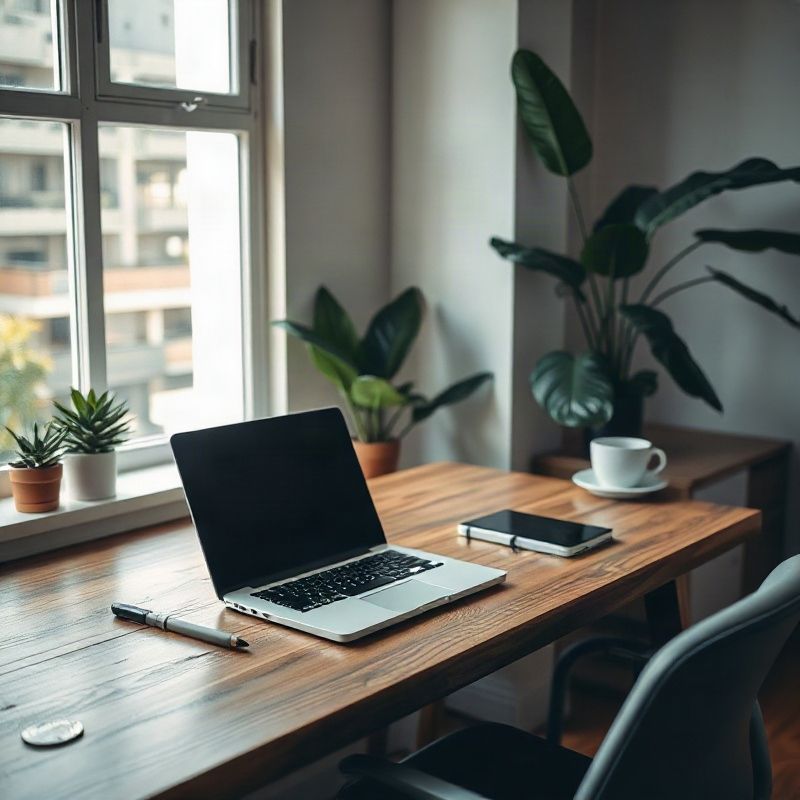 Laptop e caderno sobre mesa de madeira em pequeno escritório de Porto Alegre